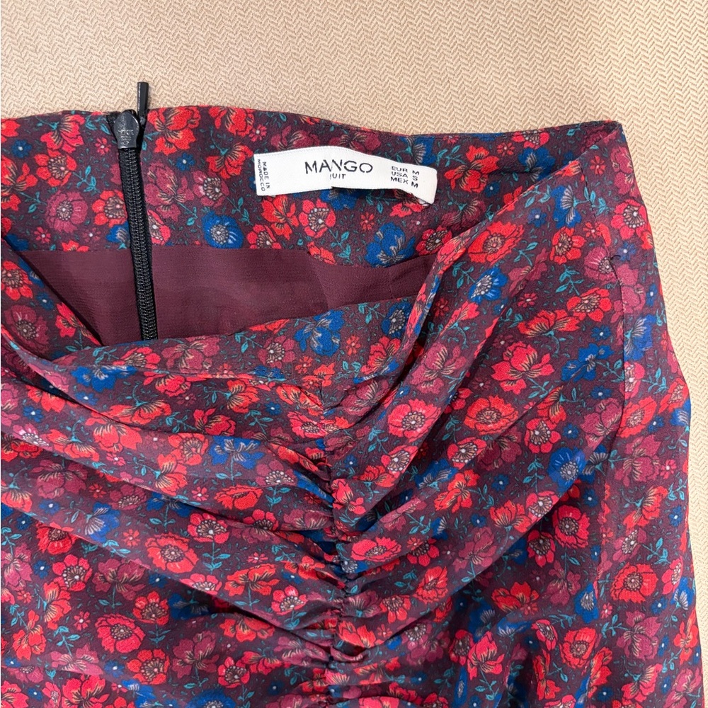 Mango Floral Ruched Pencil Skirt with Red & Blue Blooms